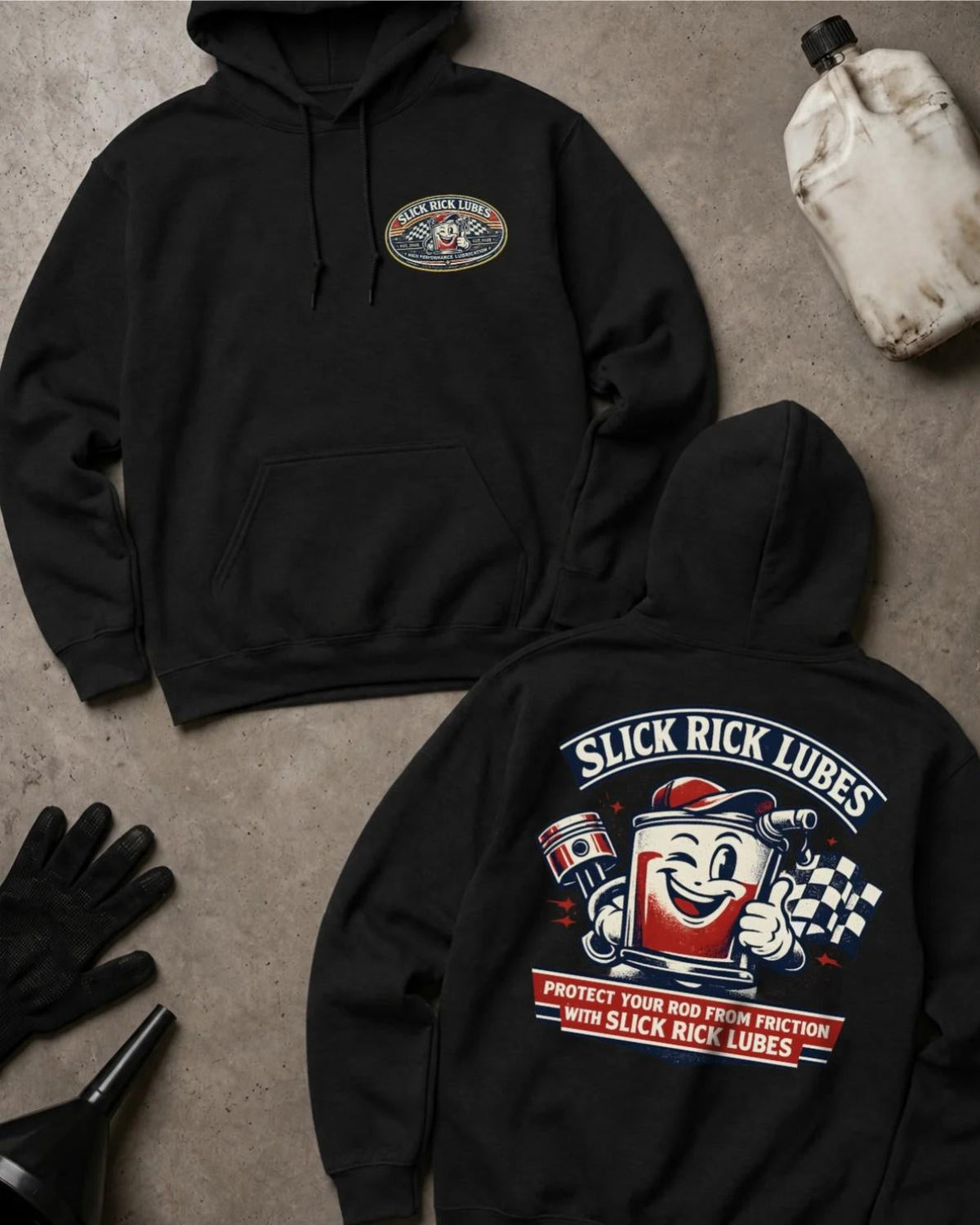 Front and back of black Slick Rick Lubes hoodie with an oval chest logo and smiling cartoon automotive oil can holding an engine piston beside a checkered flag.
