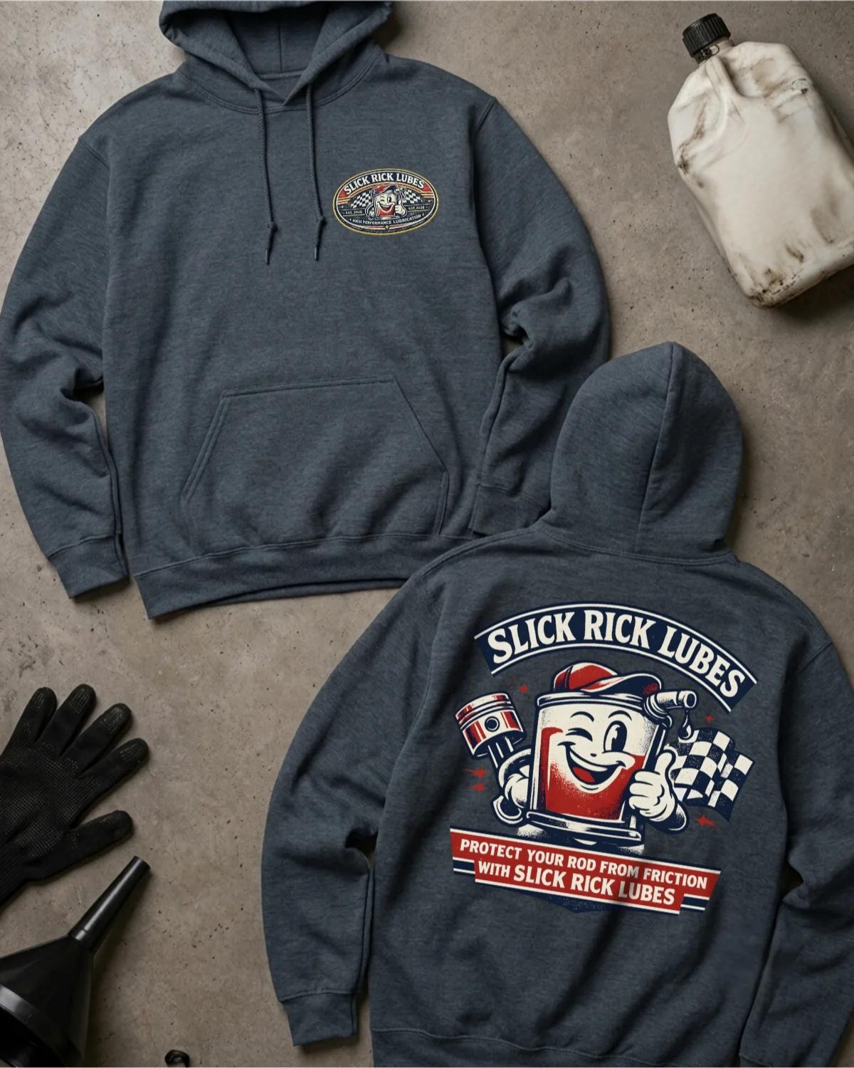 Front and back of dark heather Slick Rick Lubes hoodie with an oval chest logo and smiling cartoon automotive oil can holding an engine piston beside a checkered flag.