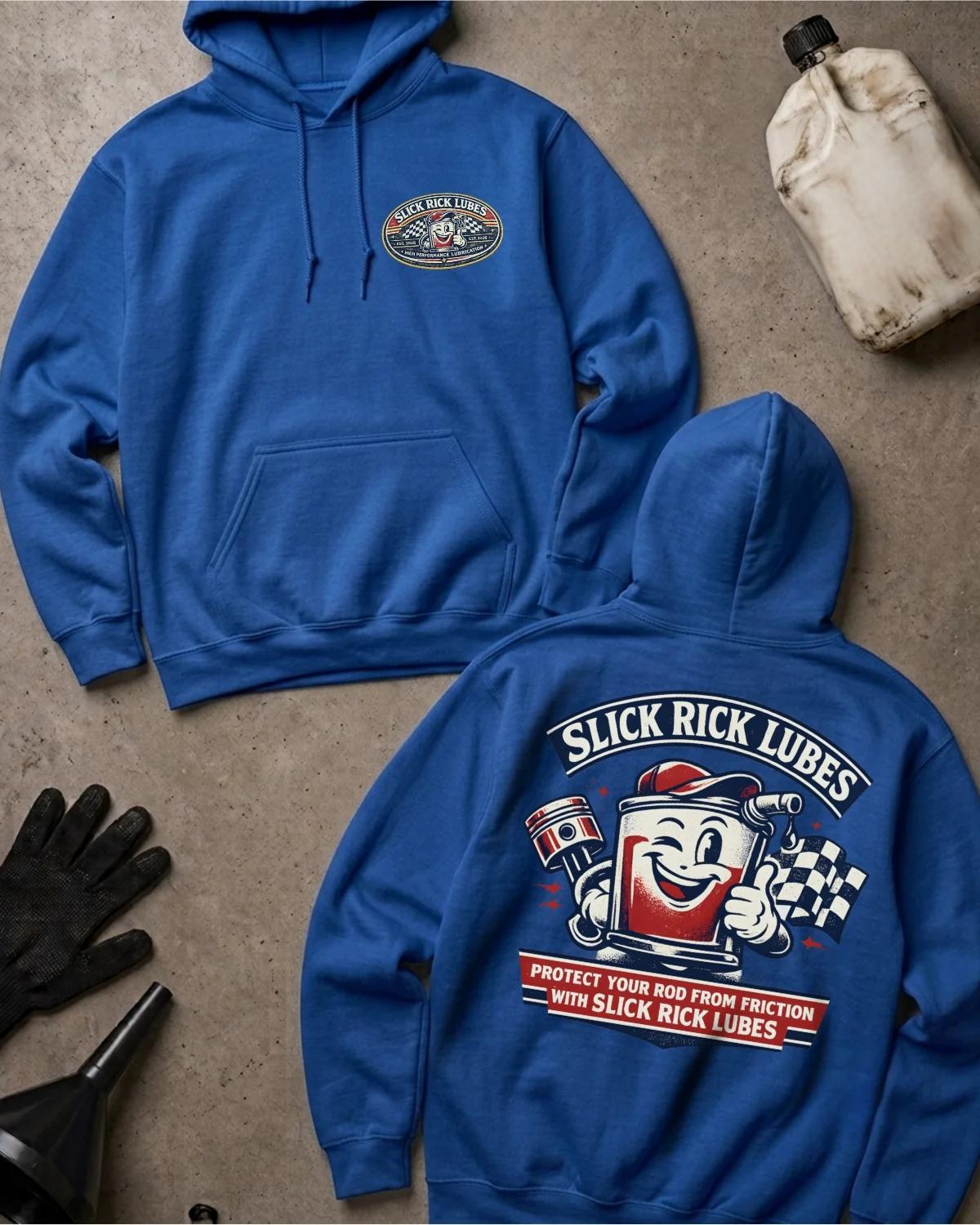 Front and back of royal blue Slick Rick Lubes hoodie with an oval chest logo and smiling cartoon automotive oil can holding an engine piston beside a checkered flag.
