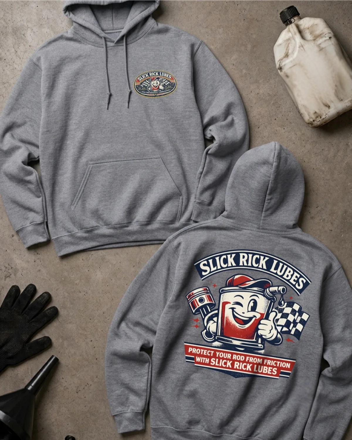 Front and back of sport grey Slick Rick Lubes hoodie with an oval chest logo and smiling cartoon automotive oil can holding an engine piston beside a checkered flag.