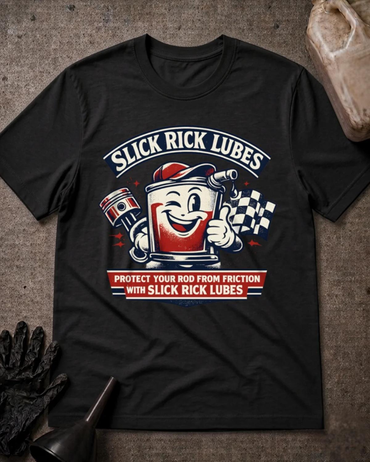 Front of black Slick Rick Lubes T-shirt with a smiling cartoon automotive oil can holding an engine piston and giving a thumbs-up beside a checkered racing flag.