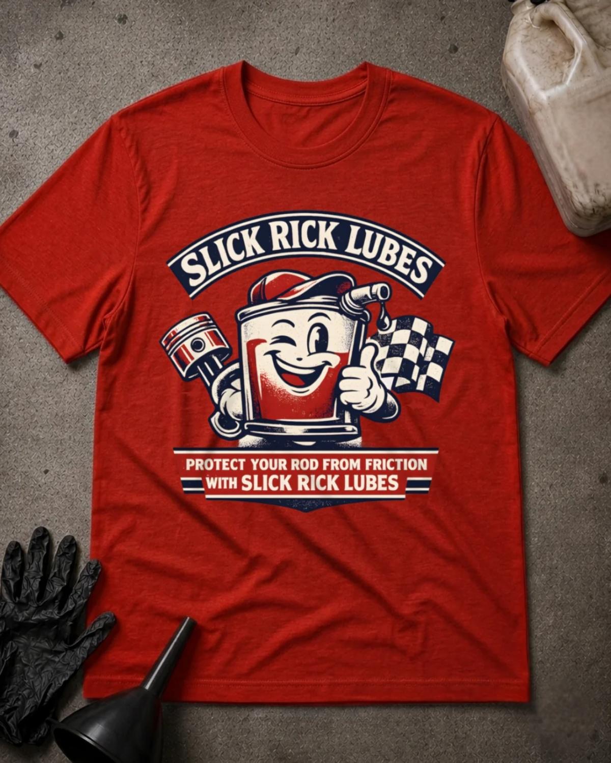 Front of red Slick Rick Lubes T-shirt with a smiling cartoon automotive oil can holding an engine piston and giving a thumbs-up beside a checkered racing flag.