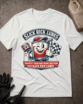 Front of white Slick Rick Lubes T-shirt with a smiling cartoon automotive oil can holding an engine piston and giving a thumbs-up beside a checkered racing flag.