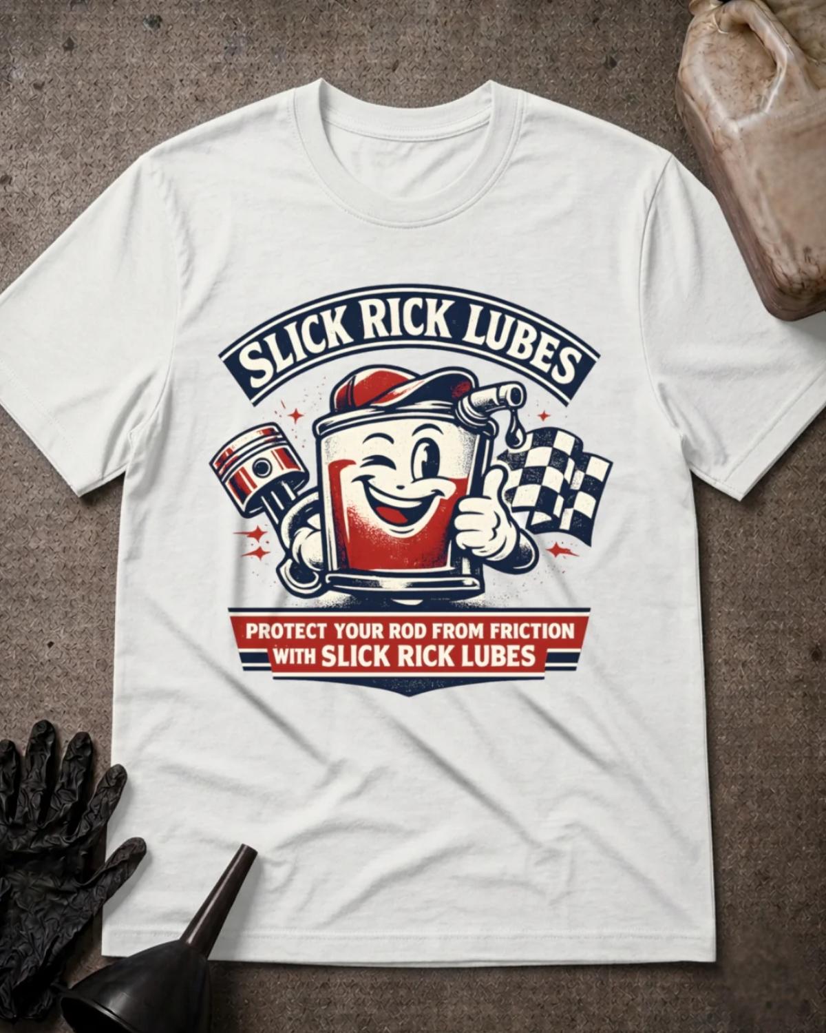 Front of white Slick Rick Lubes T-shirt with a smiling cartoon automotive oil can holding an engine piston and giving a thumbs-up beside a checkered racing flag.