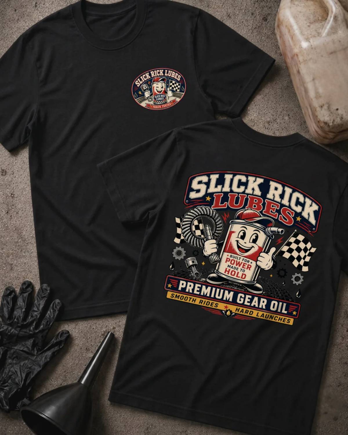 Front and back of black Slick Rick Lubes T-shirt with a chest logo and cartoon automotive oil can holding a gear, checkered flags and “Premium Gear Oil” back print.
