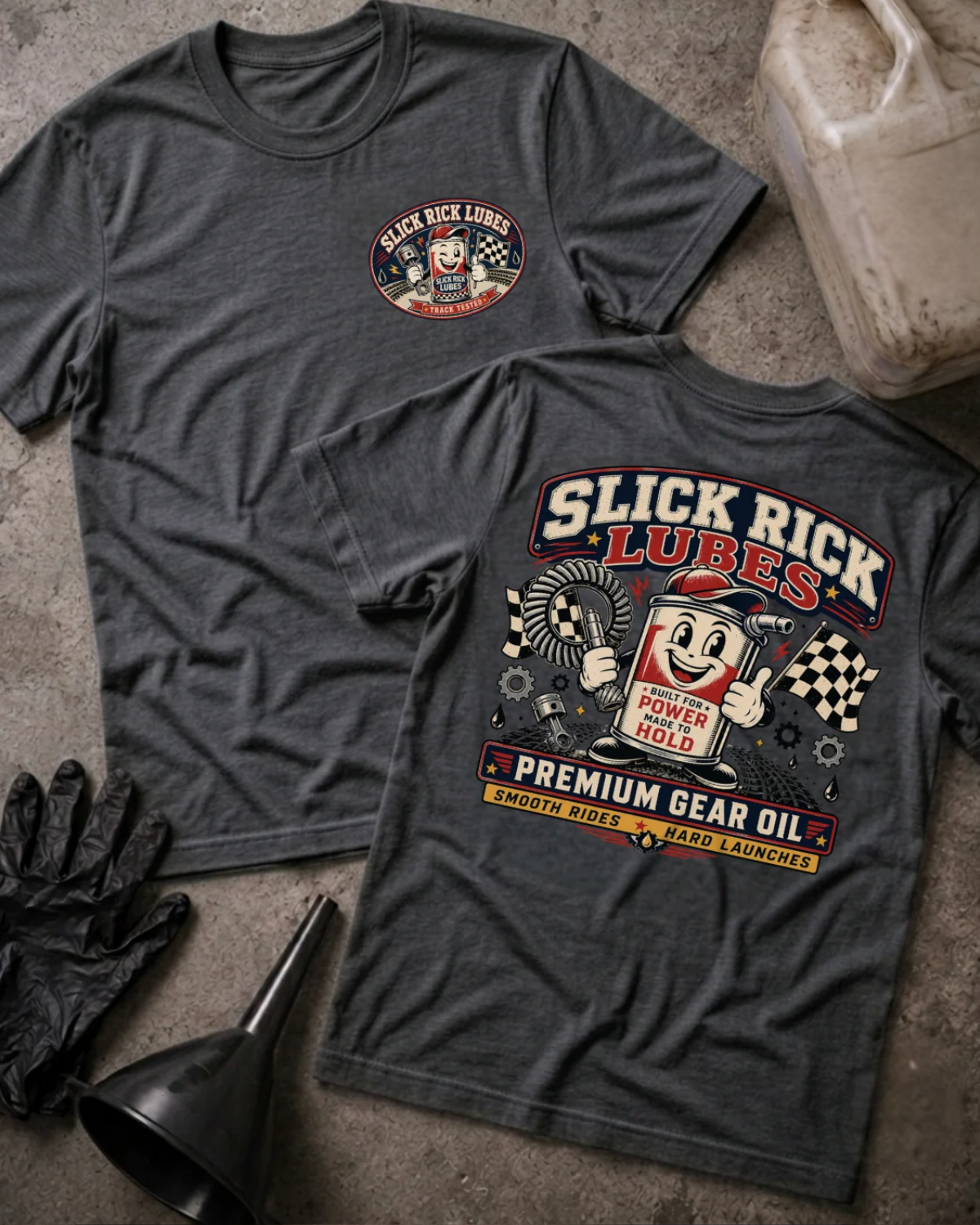 Front and back of dark grey heather Slick Rick Lubes T-shirt with a chest logo and cartoon automotive oil can holding a gear, checkered flags and “Premium Gear Oil” back print.