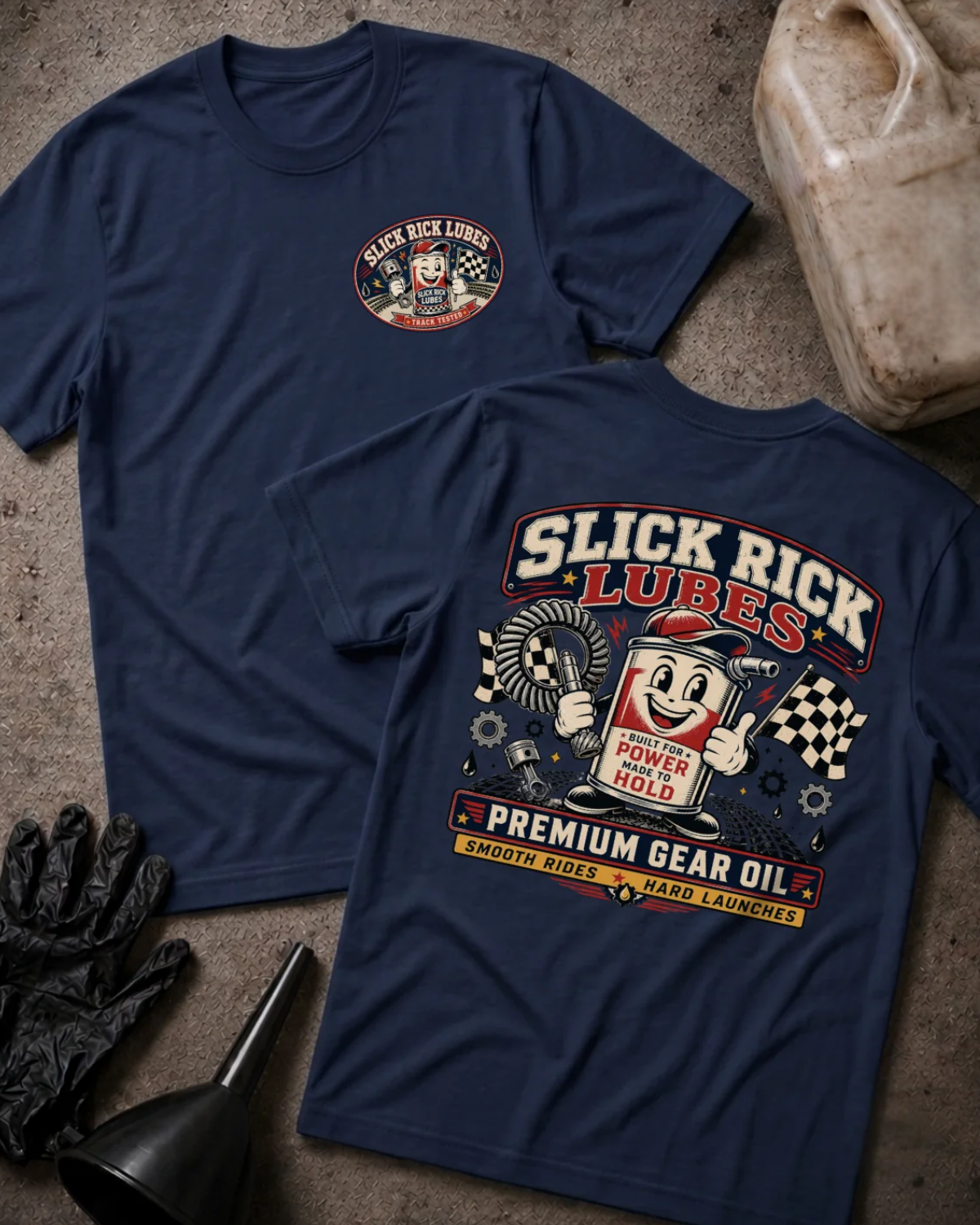 Front and back of navy Slick Rick Lubes T-shirt with a chest logo and cartoon automotive oil can holding a gear, checkered flags and “Premium Gear Oil” back print.