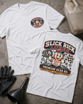 Front and back of white Slick Rick Lubes T-shirt with a chest logo and cartoon automotive oil can holding a gear, checkered flags and “Premium Gear Oil” back print.