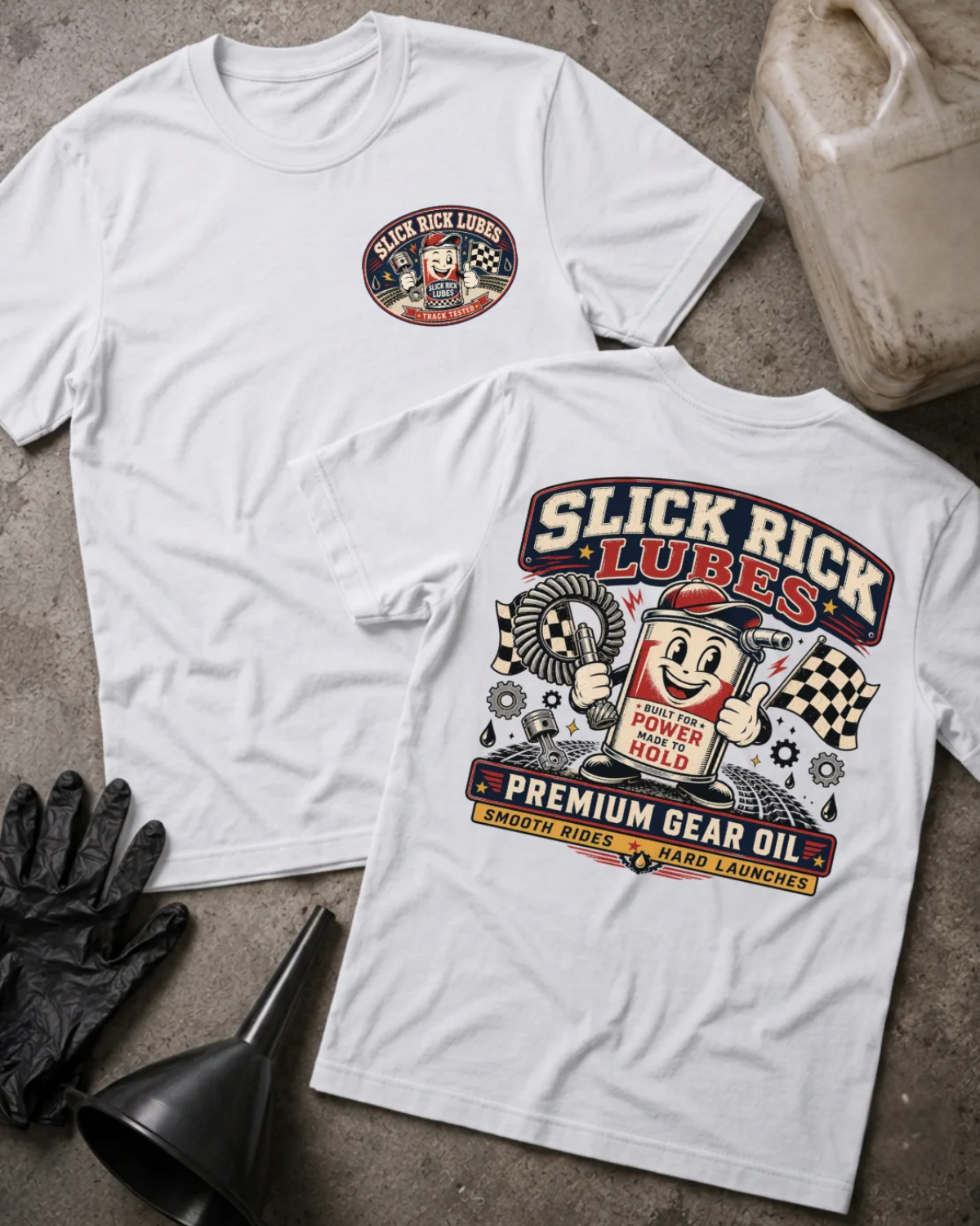 Front and back of white Slick Rick Lubes T-shirt with a chest logo and cartoon automotive oil can holding a gear, checkered flags and “Premium Gear Oil” back print.