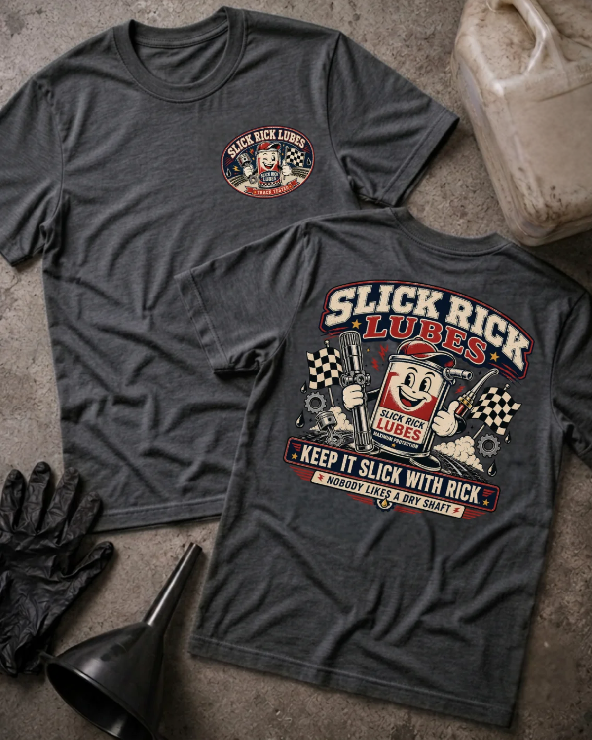 Front and back of dark grey heather Slick Rick Lubes T-shirt with a chest logo and cartoon automotive oil can holding a splined shaft and oil nozzle, reading “Keep It Slick with Rick.”