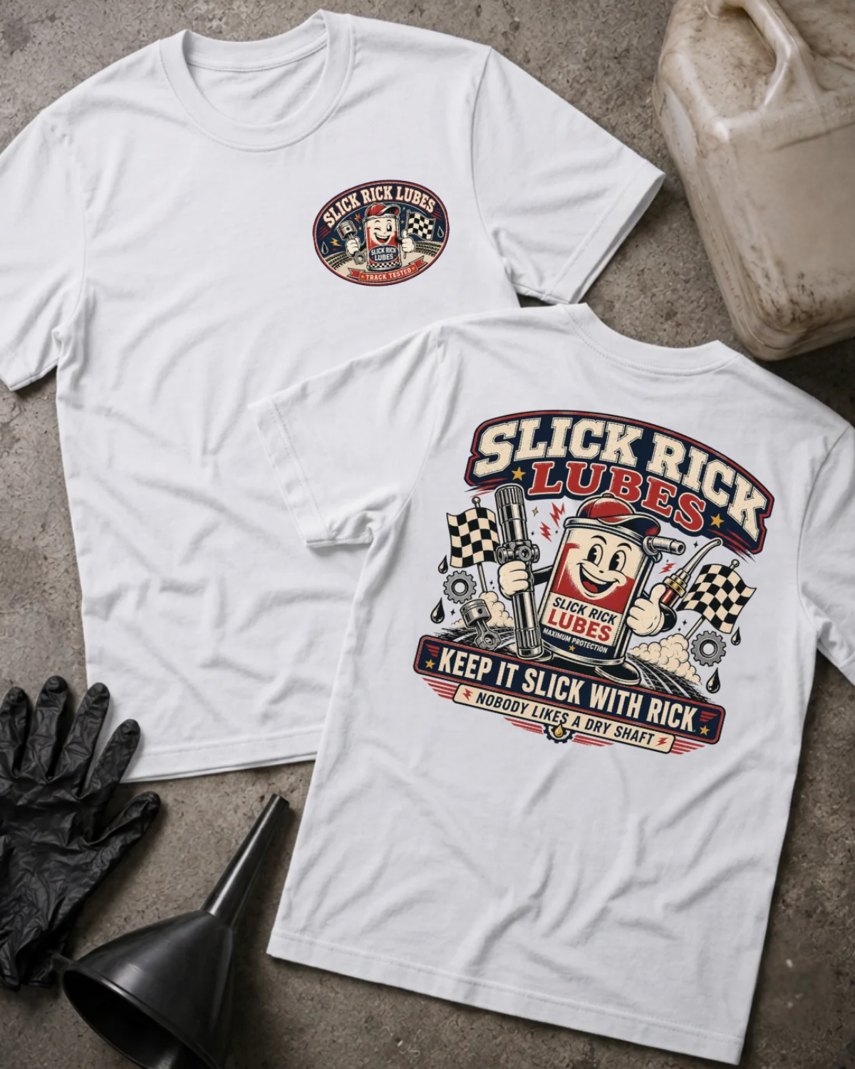 Front and back of white Slick Rick Lubes T-shirt with a chest logo and cartoon automotive oil can holding a splined shaft and oil nozzle, reading “Keep It Slick with Rick.”