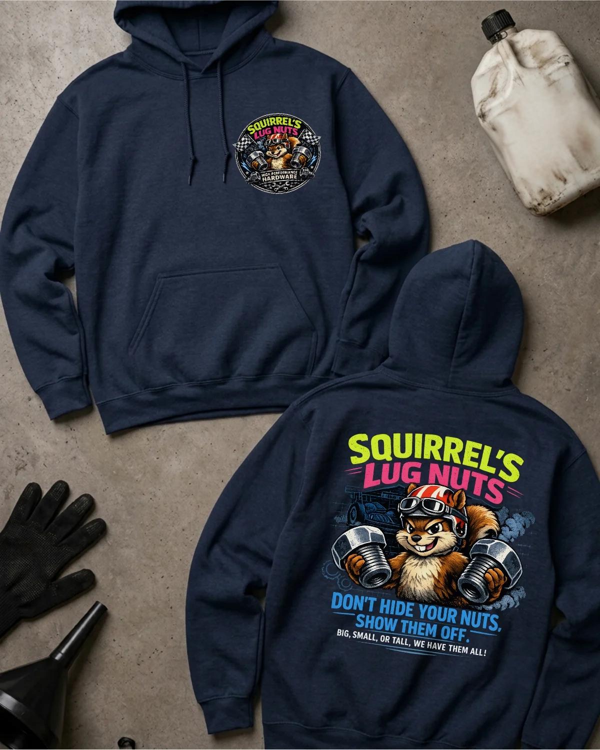 Front and back of navy Squirrel’s Lug Nuts hoodie with a chest emblem and helmeted cartoon squirrel holding two oversized automotive lug nuts on the back.