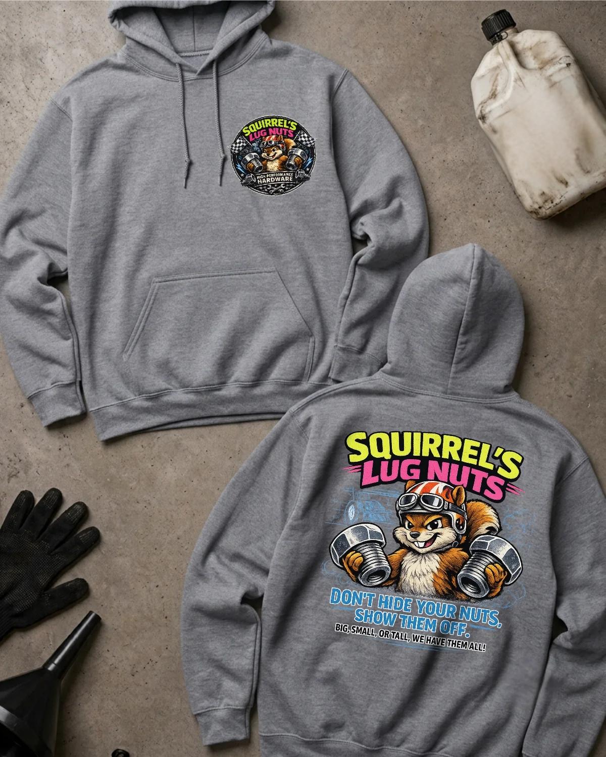 Front and back of sport grey Squirrel’s Lug Nuts hoodie with a chest emblem and helmeted cartoon squirrel holding two oversized automotive lug nuts on the back.