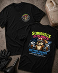 Front and back of black Squirrel’s Lug Nuts T-shirt with a chest emblem and helmeted cartoon squirrel holding two oversized automotive lug nuts on the back.