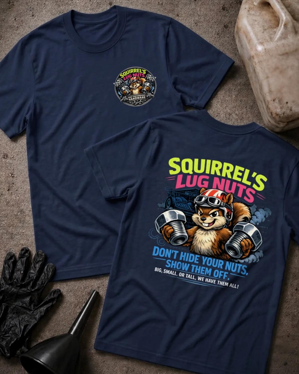 Front and back of navy Squirrel’s Lug Nuts T-shirt with a chest emblem and helmeted cartoon squirrel holding two oversized automotive lug nuts on the back.
