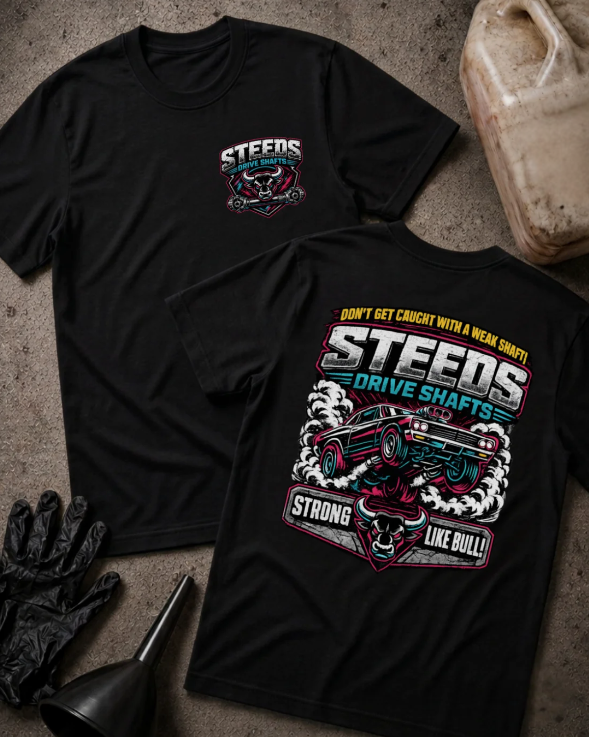 Front and back of black Steeds Drive Shafts T-shirt with a bull and driveshaft chest emblem and back print of a drag car amid tire smoke above “Strong Like Bull!”