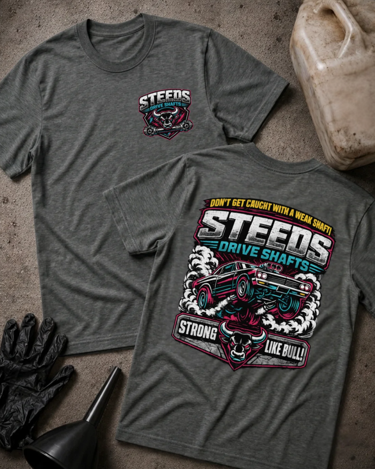 Front and back of dark grey heather Steeds Drive Shafts T-shirt with a bull and driveshaft chest emblem and back print of a drag car amid tire smoke above “Strong Like Bull!”
