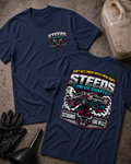 Front and back of navy Steeds Drive Shafts T-shirt with a bull and driveshaft chest emblem and back print of a drag car amid tire smoke above “Strong Like Bull!”