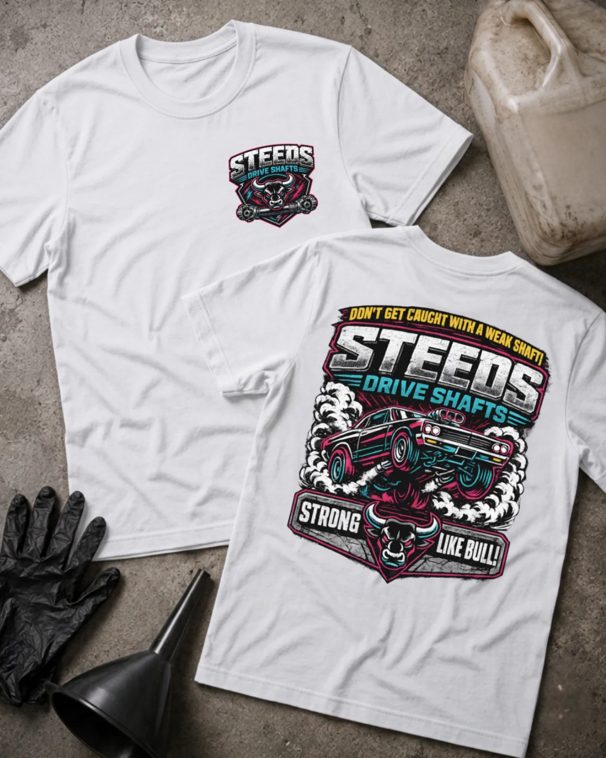 Front and back of white Steeds Drive Shafts T-shirt with a bull and driveshaft chest emblem and back print of a drag car amid tire smoke above “Strong Like Bull!”