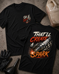 Front and back of black T-shirt with an “Old Sparky” chest emblem and large sparking automotive spark plug over a checkered flag, reading “That’ll Create a Spark.”
