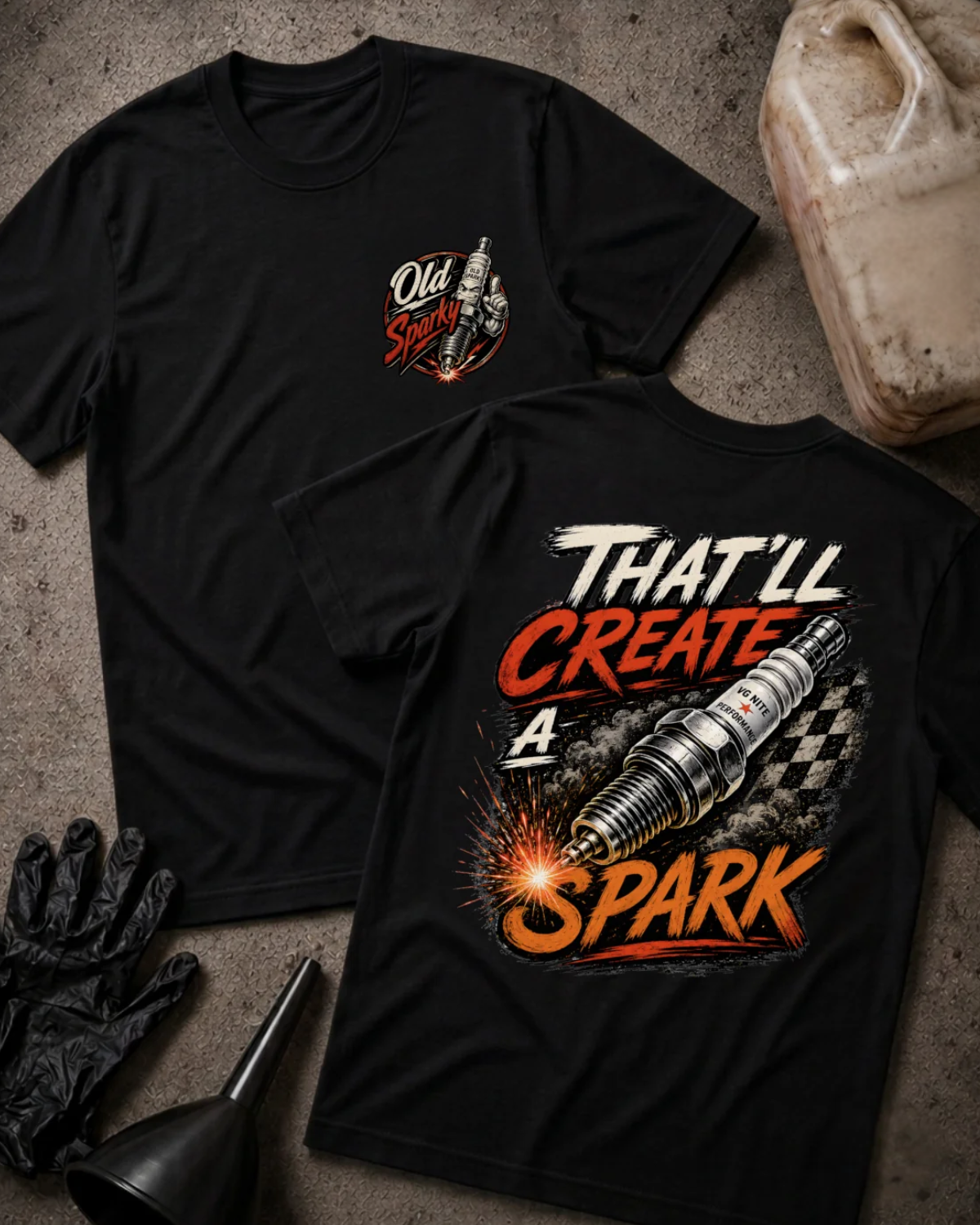 Front and back of black T-shirt with an “Old Sparky” chest emblem and large sparking automotive spark plug over a checkered flag, reading “That’ll Create a Spark.”