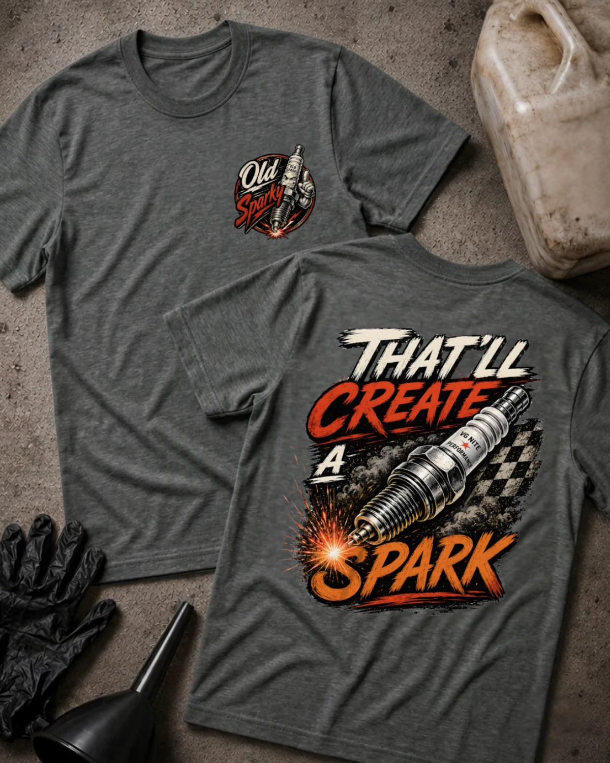 Front and back of dark grey heather T-shirt with an “Old Sparky” chest emblem and large sparking automotive spark plug over a checkered flag, reading “That’ll Create a Spark.”