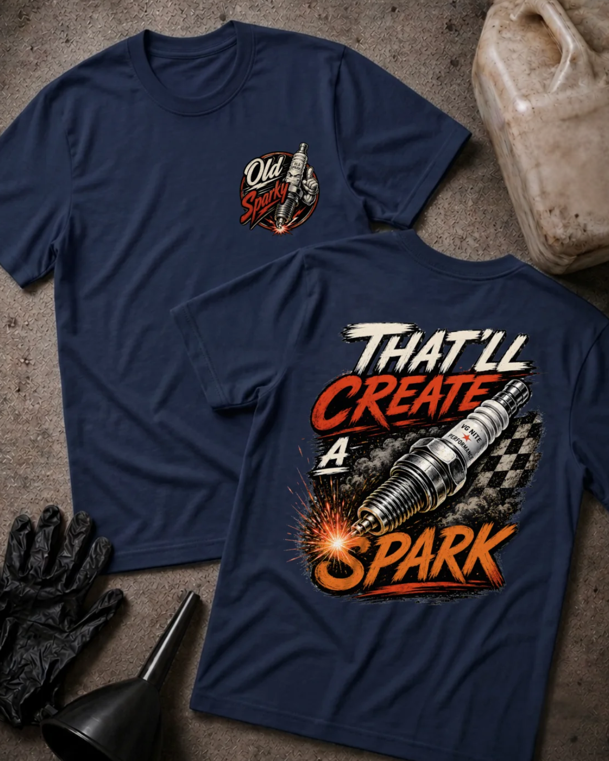 Front and back of navy T-shirt with an “Old Sparky” chest emblem and large sparking automotive spark plug over a checkered flag, reading “That’ll Create a Spark.”