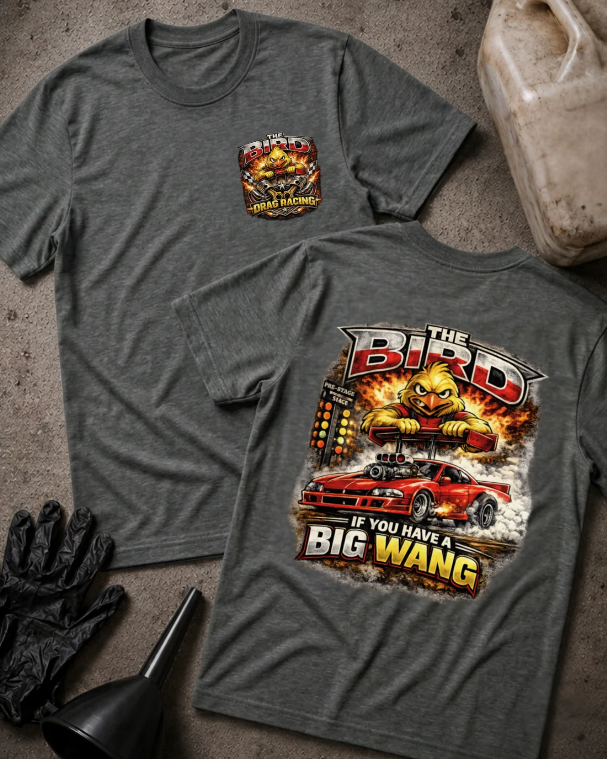 Front and back of dark grey heather The Bird drag racing T-shirt with a chest emblem and cartoon yellow bird gripping a rear spoiler above a red drag car and starting tree.