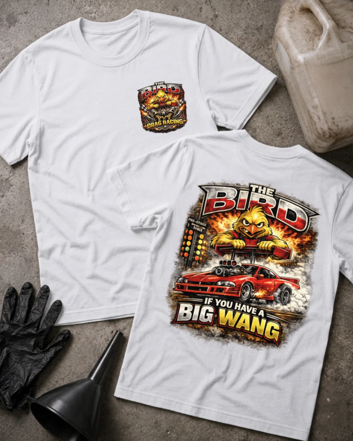 Front and back of white The Bird drag racing T-shirt with a chest emblem and cartoon yellow bird gripping a rear spoiler above a red drag car and starting tree.