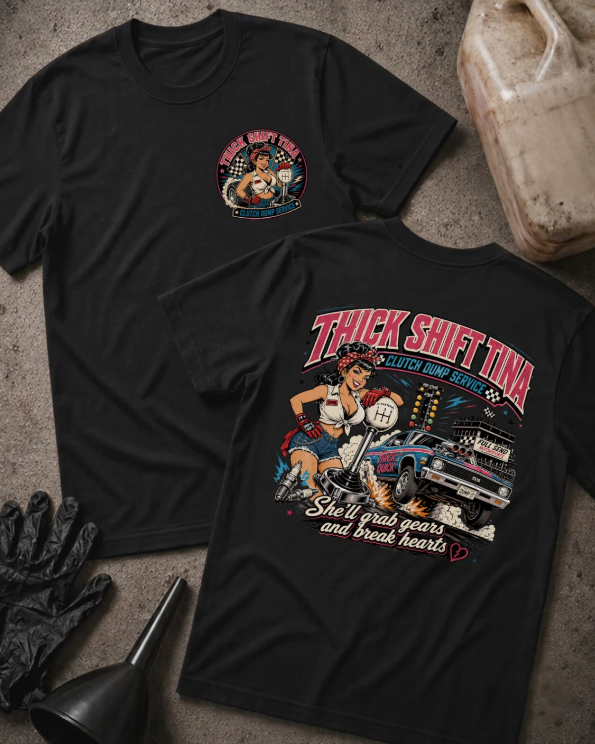 Front and back of black Thick Shift Tina T-shirt with a small chest emblem and back graphic of a pinup mechanic beside an oversized gear shifter and drag car.