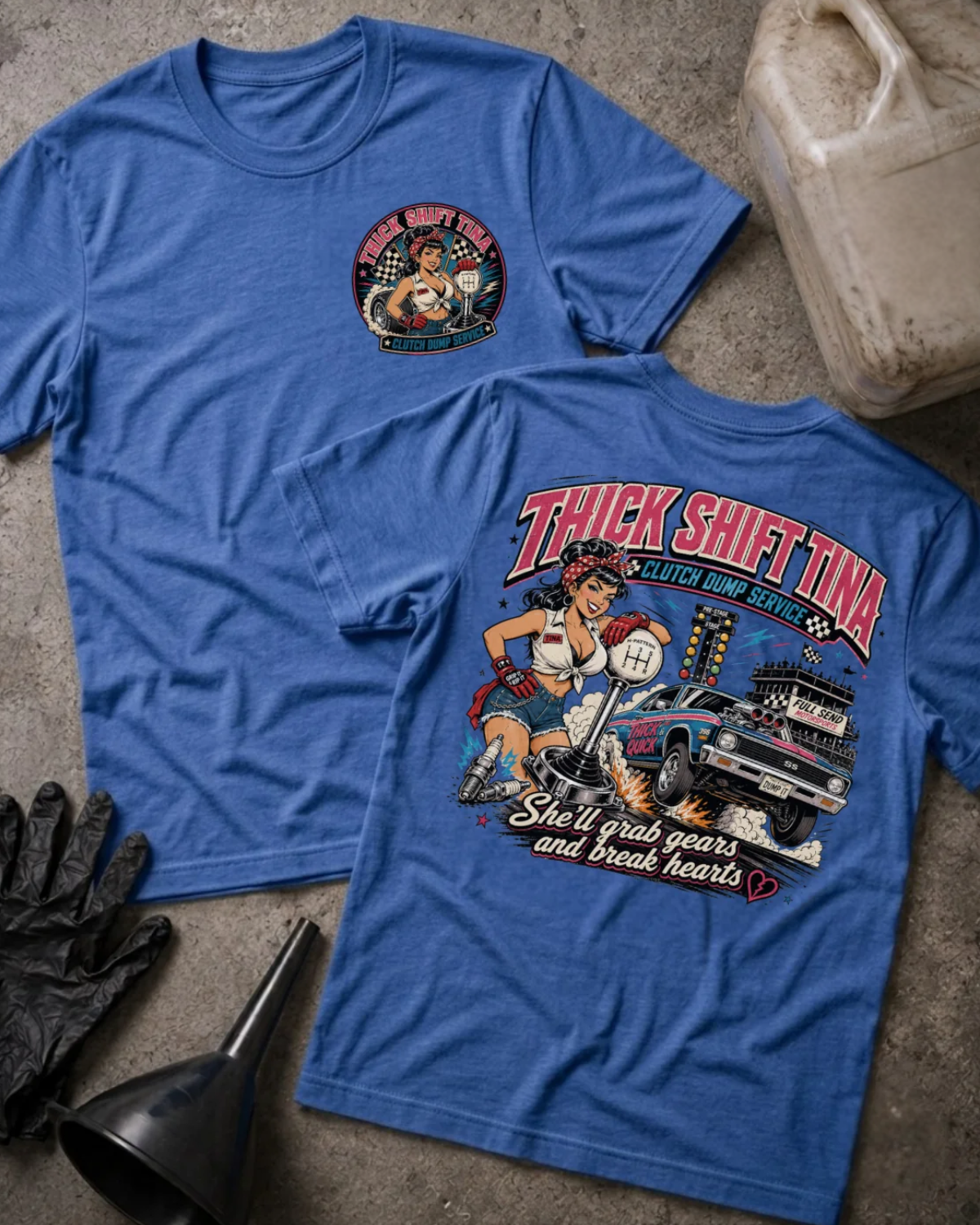 Front and back of heather true royal blue Thick Shift Tina T-shirt with a small chest emblem and back graphic of a pinup mechanic beside an oversized gear shifter and drag car.