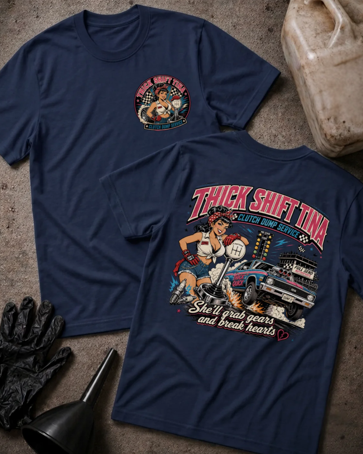 Front and back of navy Thick Shift Tina T-shirt with a small chest emblem and back graphic of a pinup mechanic beside an oversized gear shifter and drag car.