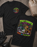 Front and back of black Tree Chomper Racing Co. T-shirt with a small chest emblem and cartoon beaver chewing a drag racing starting tree beside a drag car on the back.