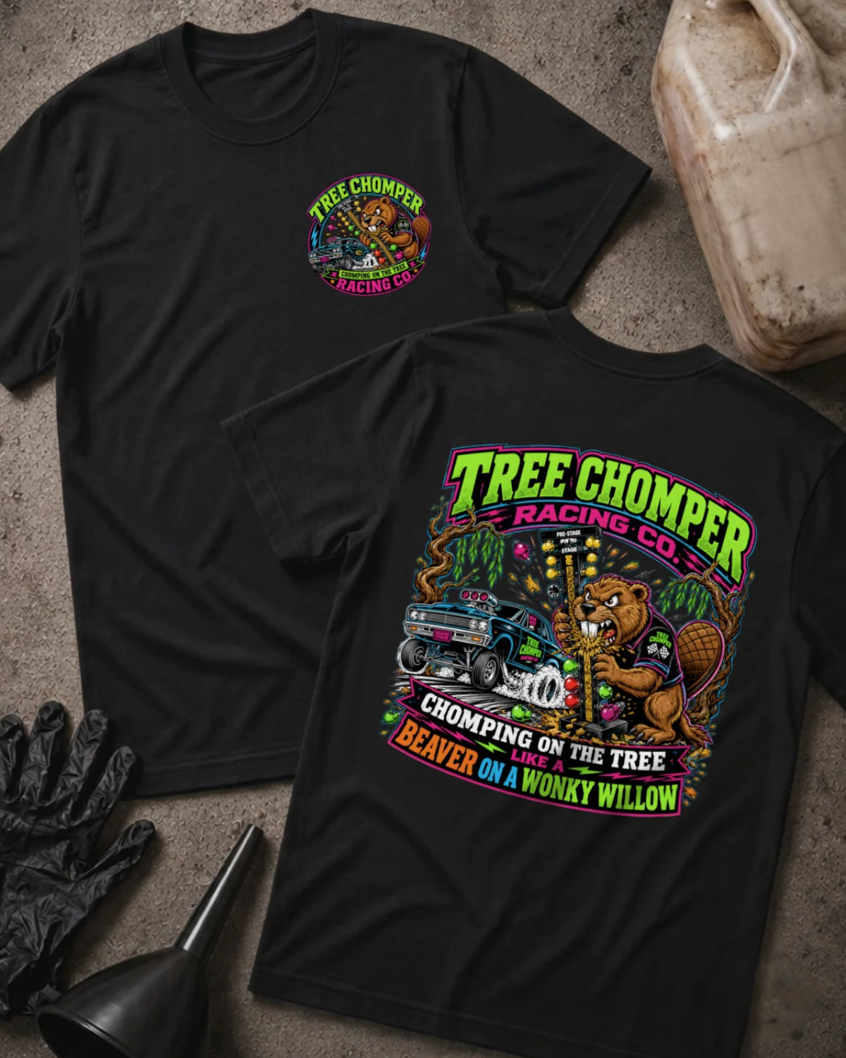 Front and back of black Tree Chomper Racing Co. T-shirt with a small chest emblem and cartoon beaver chewing a drag racing starting tree beside a drag car on the back.