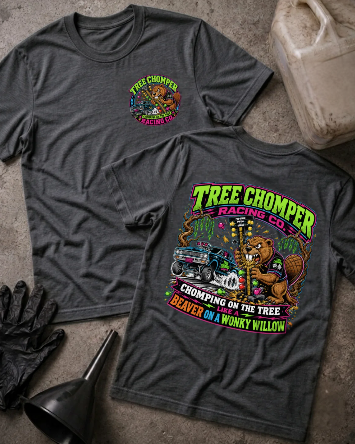 Front and back of dark grey heather Tree Chomper Racing Co. T-shirt with a small chest emblem and beaver chewing a drag racing starting tree beside a drag car on the back.