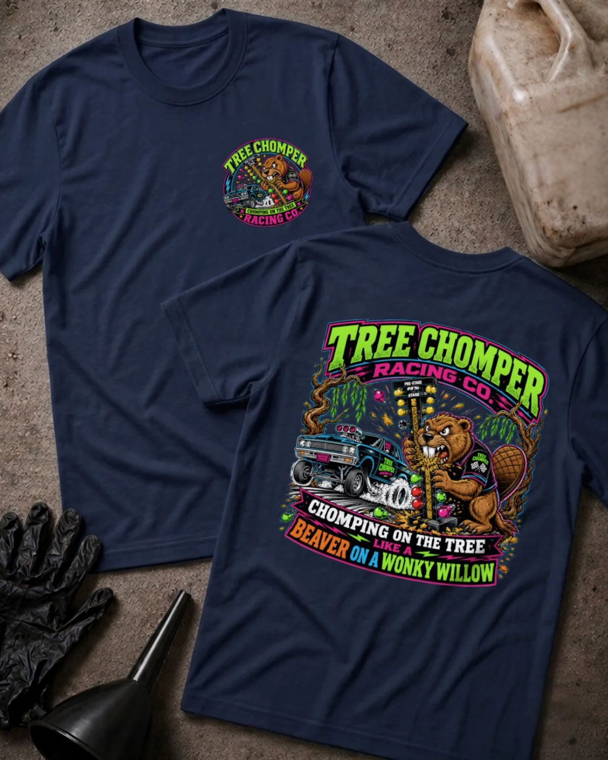 Front and back of navy Tree Chomper Racing Co. T-shirt with a small chest emblem and cartoon beaver chewing a drag racing starting tree beside a drag car on the back.