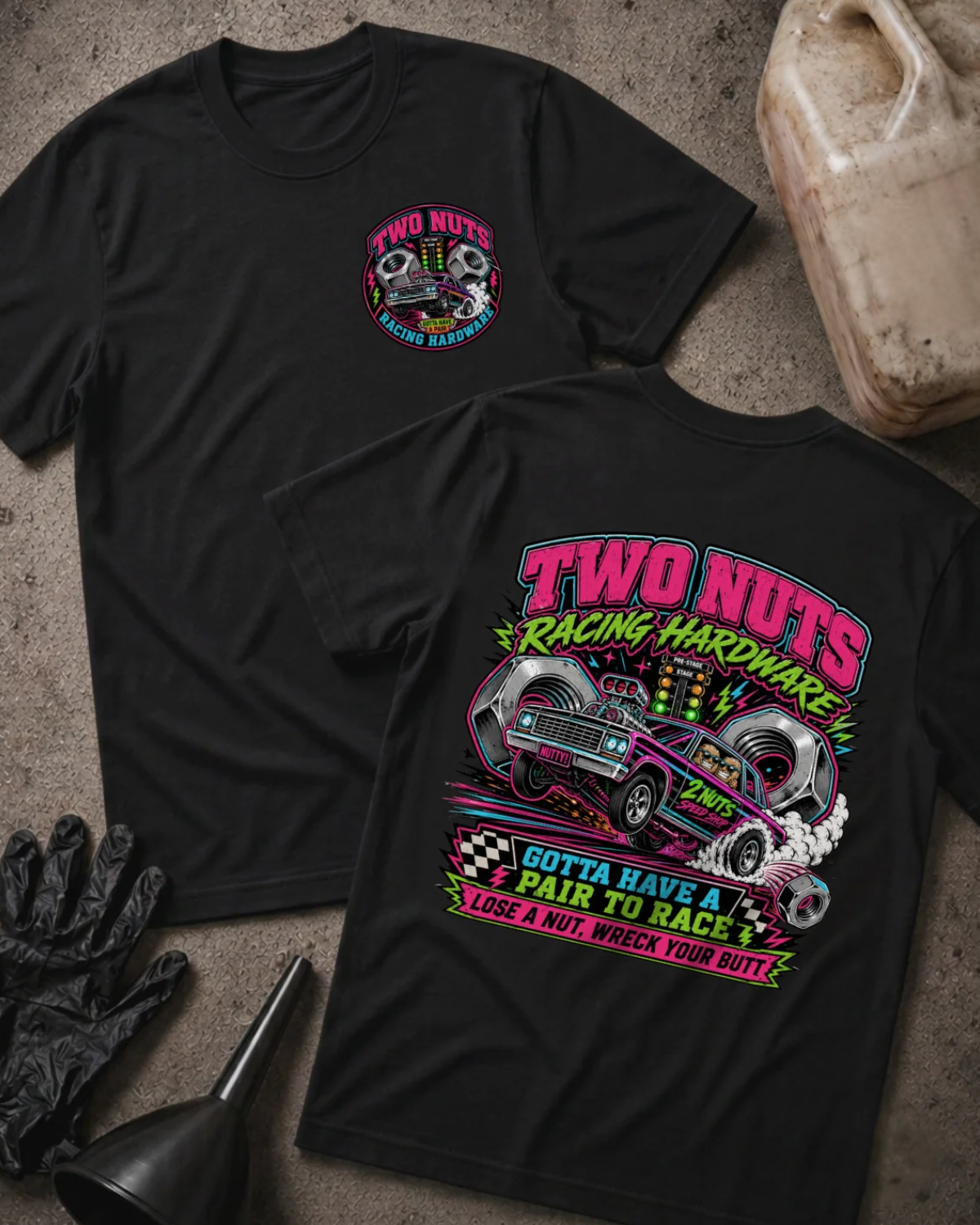 Front and back of black Two Nuts Racing Hardware T-shirt with a small chest emblem and pink drag car flanked by two large metal nuts on the back.