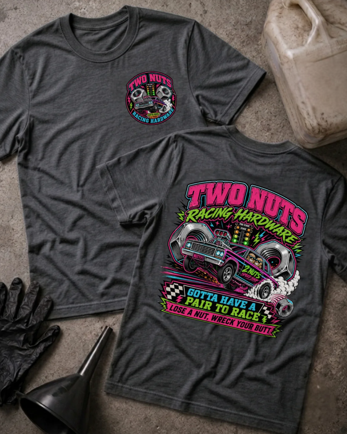 Front and back of dark grey heather Two Nuts Racing Hardware T-shirt with a small chest emblem and pink drag car flanked by two large metal nuts on the back.