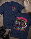 Front and back of navy Two Nuts Racing Hardware T-shirt with a small chest emblem and pink drag car flanked by two large metal nuts on the back.