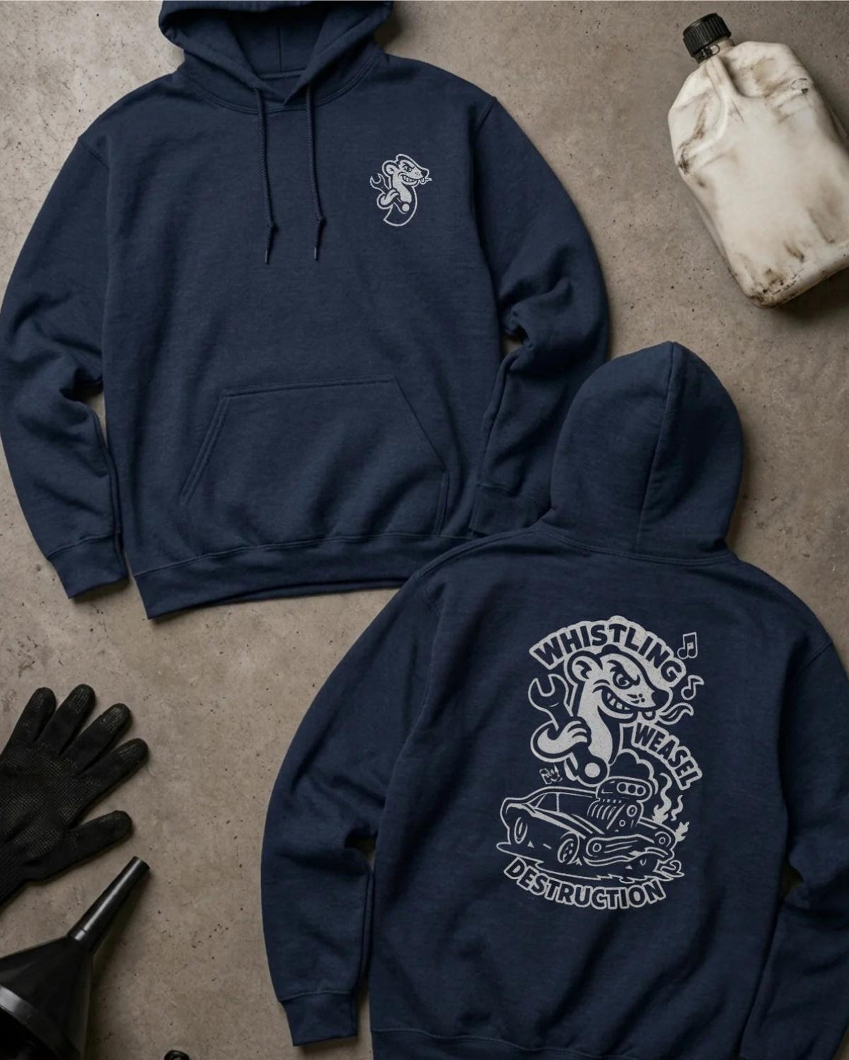 Navy Whistling Weasel Destruction hoodie, front and back views with a small weasel chest logo and large white back graphic of a weasel holding a wrench above a supercharged car, with musical notes and “Whistling Weasel Destruction.”