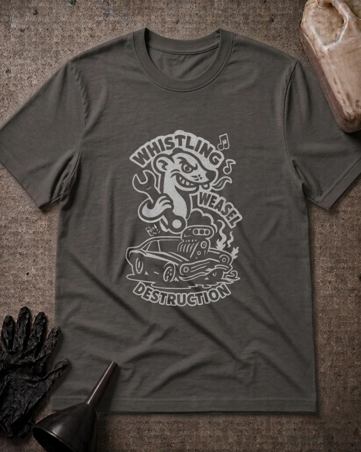 Asphalt gray Whistling Weasel Destruction T-shirt featuring a white graphic of a cartoon weasel holding a wrench above a supercharged car, with musical notes and “Whistling Weasel Destruction” lettering.