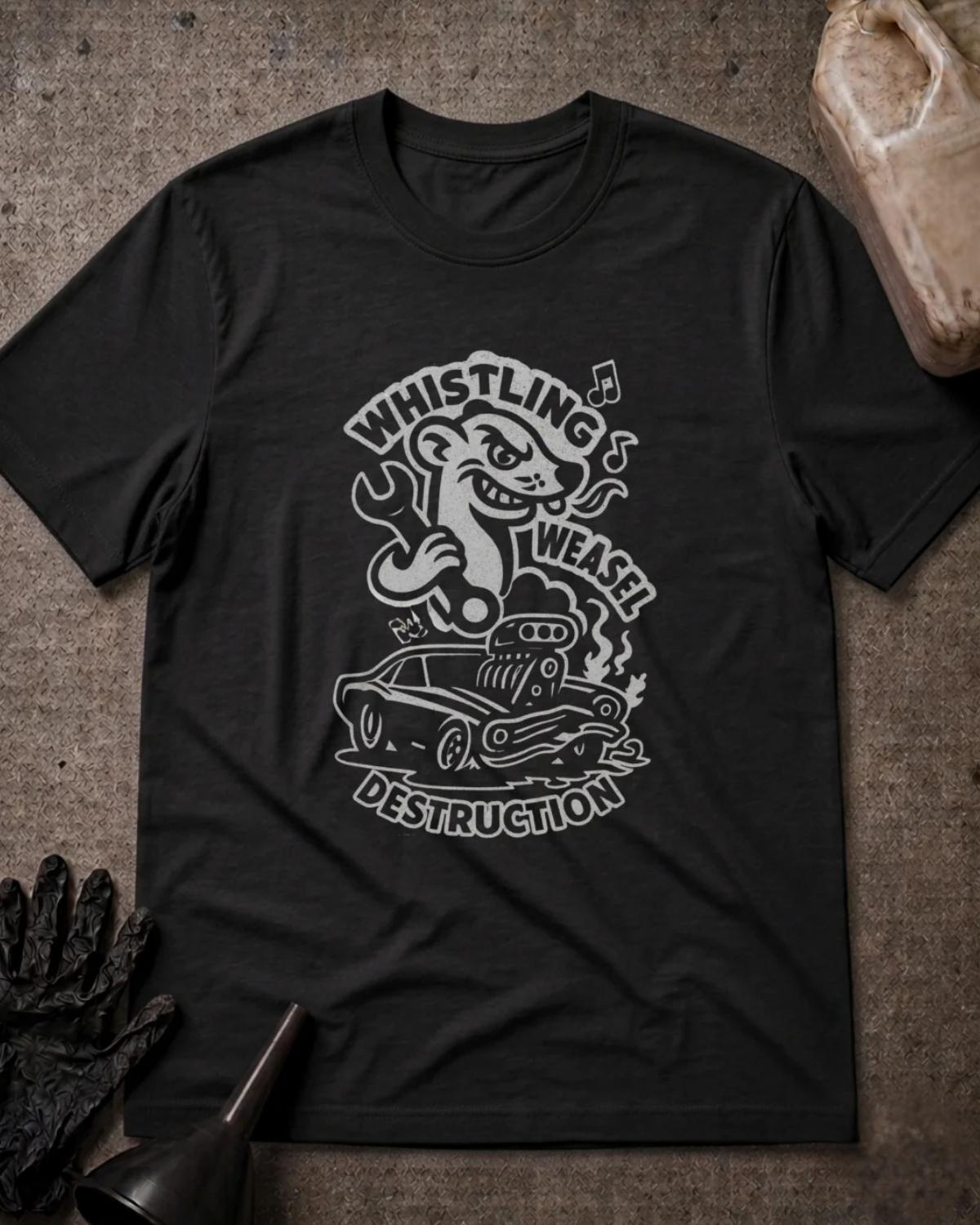Black Whistling Weasel Destruction T-shirt featuring a white graphic of a cartoon weasel holding a wrench above a supercharged car, with musical notes and “Whistling Weasel Destruction” lettering.