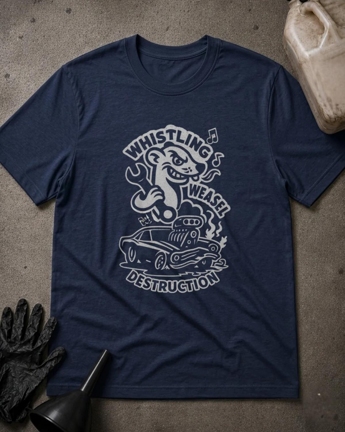 Navy Whistling Weasel Destruction T-shirt featuring a white graphic of a cartoon weasel holding a wrench above a supercharged car, with musical notes and “Whistling Weasel Destruction” lettering.