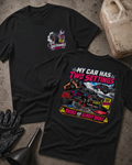 Front and back of Questionable Racing Co. black T-shirt with chest logo, mechanic beside a car on jack stands, and “My car has two settings: broke and almost broke” slogan.