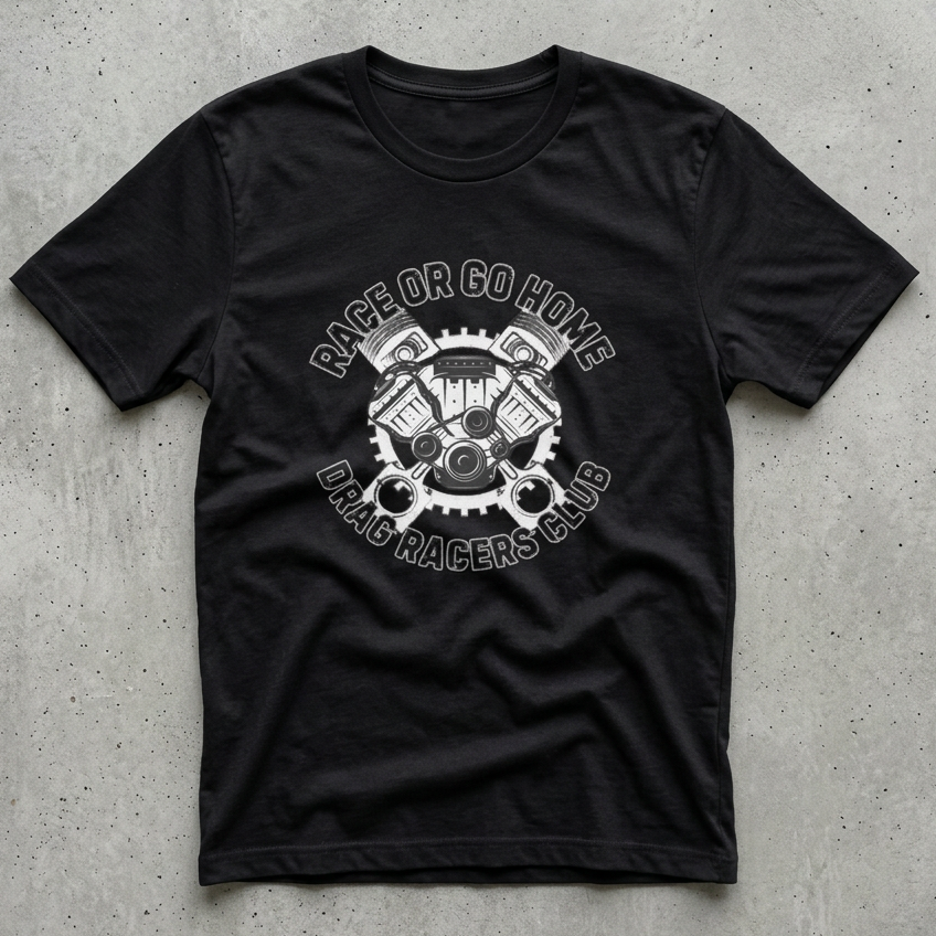 Black t-shirt with graphic design and 'RACE OR GO HOME DRAG RACERS CLUB' on a gray concrete surface