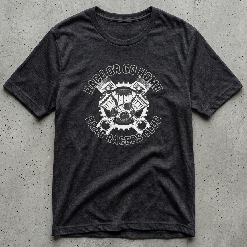 Dark grey heathe t-shirt with graphic design and 'RACE OR GO HOME DRAG RACERS CLUB' text on a gray concrete surface