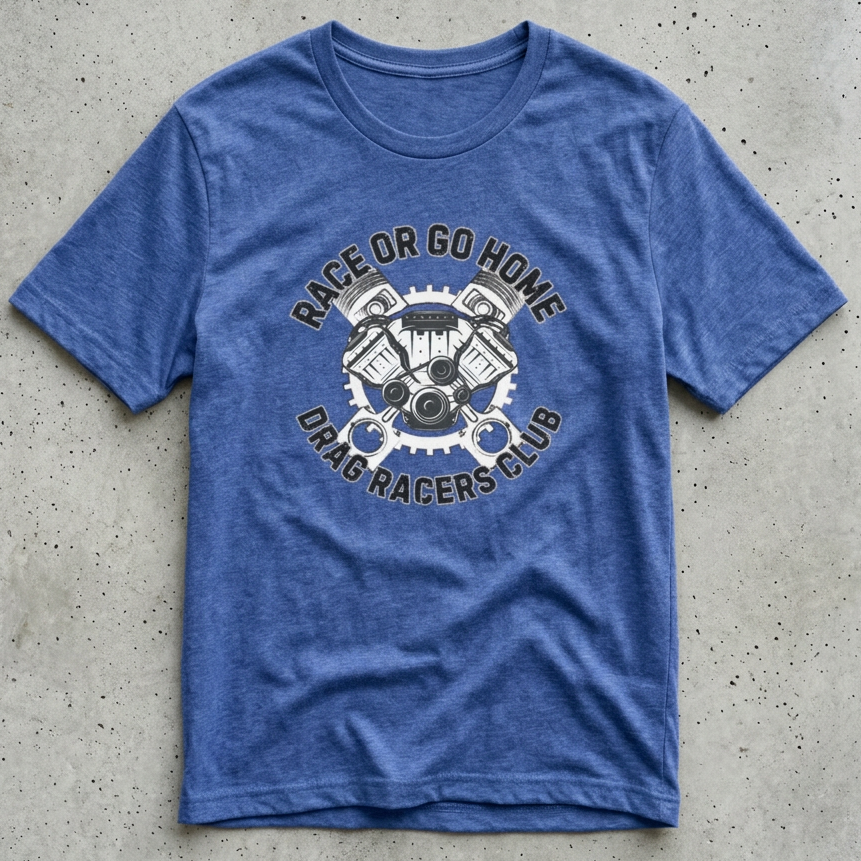 Blue t-shirt with drag racing graphic and 'RACE OR GO HOME DRAG RACERS CLUB' text on a concrete surface
