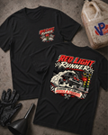 Two black graphic T-shirts laid flat on a concrete surface, showing the front and back designs. The shirts feature a racing-themed graphic with the text 'Red Light Runners' and a race car illustration.