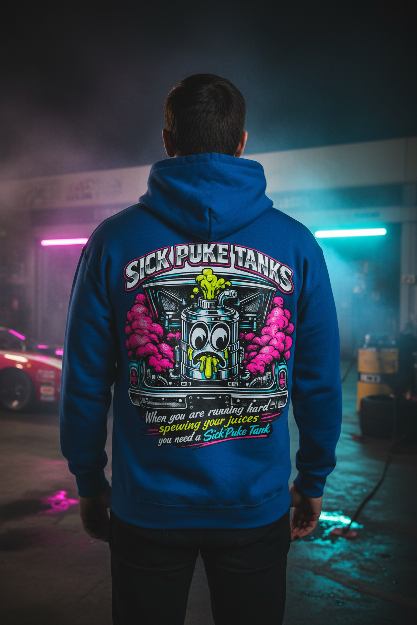 Royal blue hoodie back view with colorful graphic and 'Sick Puke Tanks When you are running hard spewing your juices you need a Sick Puke Tank' text