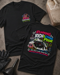 Front and back of Running Rich & Living Poor black T-shirt with chest logo, drag car amid smoke and flying cash, and “Air/fuel ratio tuned for maximum emotional damage” slogan.
